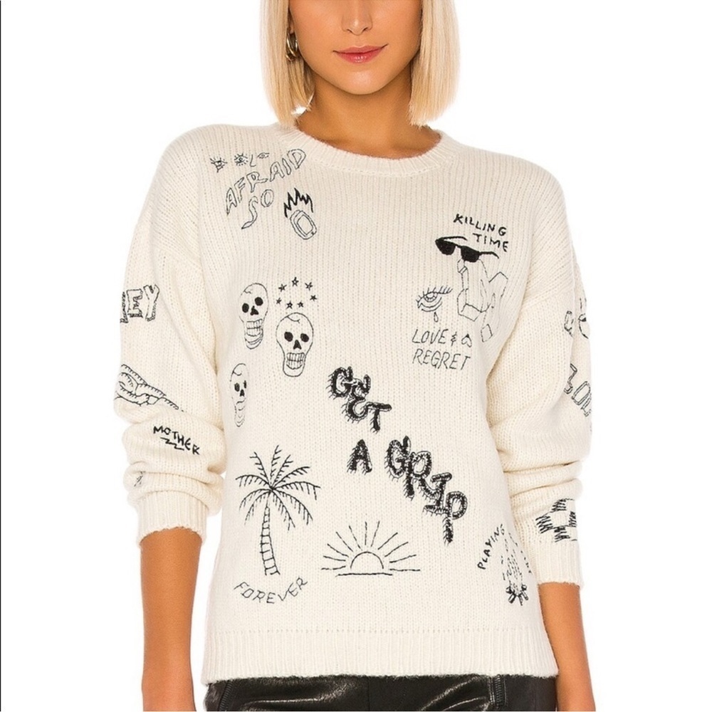 MOTHER The Jumper Wool Alpaca Embroidered Sweater Cream Large